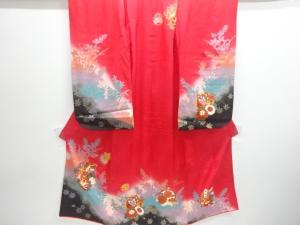 アンティーク　牡丹に蝶模様刺繍着物(重ね衿付き)